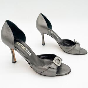 Manolo Blahnik Vintage Gunmetal Leather Crystal Buckle Open Toe Heels IT 39
